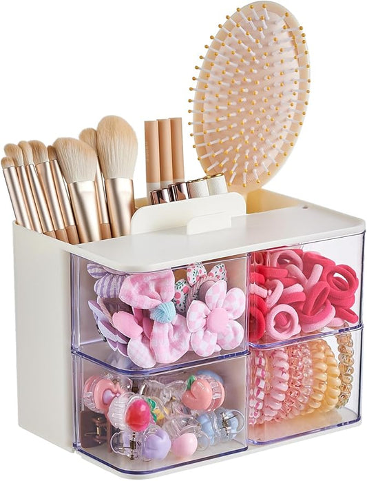 Hair Accessories Organizer with Hair Brush Holder, 4 Drawer Rotatable Hair Tie Organizer for Makeup Brushes, Hair Clips, Earrings, Necklaces, Bracelets and Hair Accessories, White, 2-Layer