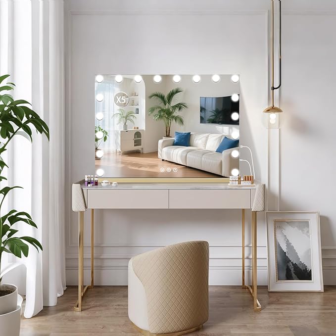 halumao Vanity Mirror with Lights, 31.5" x 23.6" Large Makeup Mirror with LED Lights, Smart Touch Dimmable 3-Color Light, Memory Function, USB Charging Port Gold