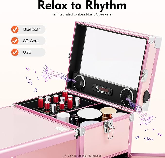 Portable Manicure Table Nail Foldable Nail Tables Travel Cosmetic Trolley Storage Organizer with 4 Drawers Mirror & Speaker Pink Artist Travel Organizer