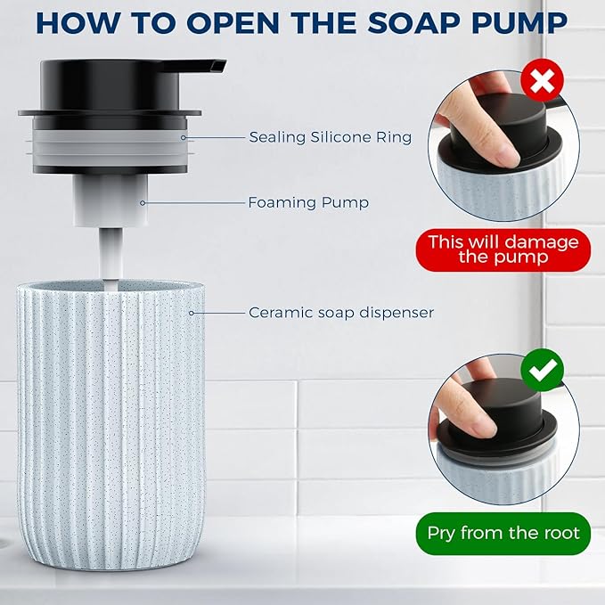 Ceramic Foaming Hand Soap Dispenser 2Pack，12 oz Bathroom Soap Dispensers， Lotion Dispenser for Kitchen, Refillable Matte Streaks Soap Dispenser with Large Pump (Blue-2Pack)