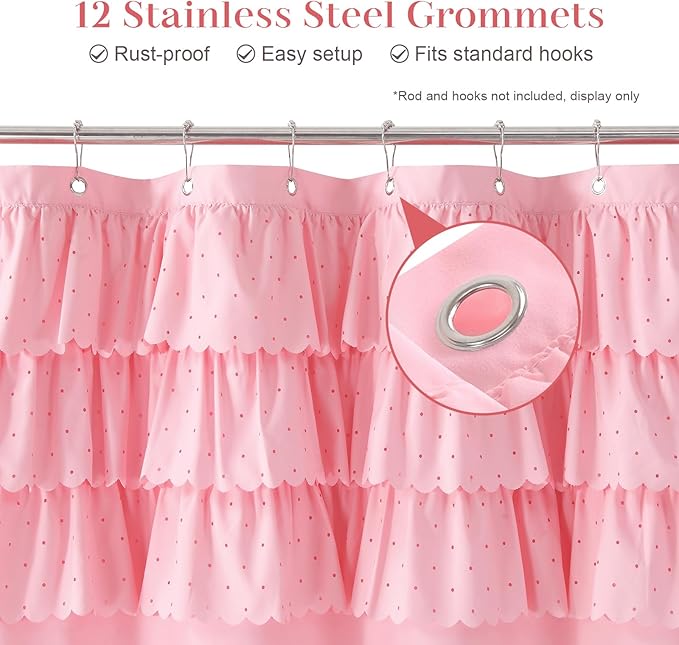 Pink Ruffle Shower Curtain with Small Holes, Girls Women Fabric Shower Curtain with Delicate Handcrafted Ruffles, Waterproof Ruched Farmhouse Decorative Bathroom Curtain, 72" W x 72" H