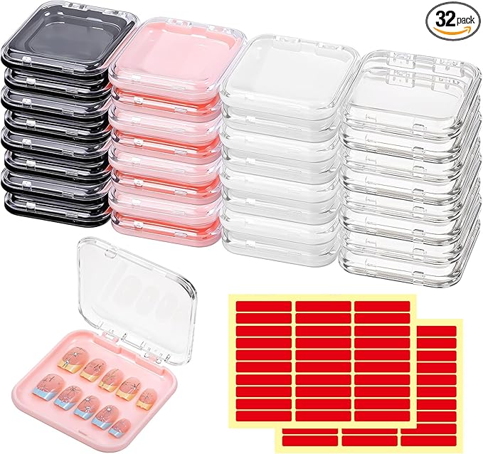 32 Pack Press on Nail Storage Boxes with 60 Adhesive Tapes – Acrylic Nail Organizer for Salon, Travel & Gifting (4 Colors: Pink, Black, White, Clear)