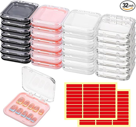 32 Pack Press on Nail Storage Boxes with 60 Adhesive Tapes – Acrylic Nail Organizer for Salon, Travel & Gifting (4 Colors: Pink, Black, White, Clear)