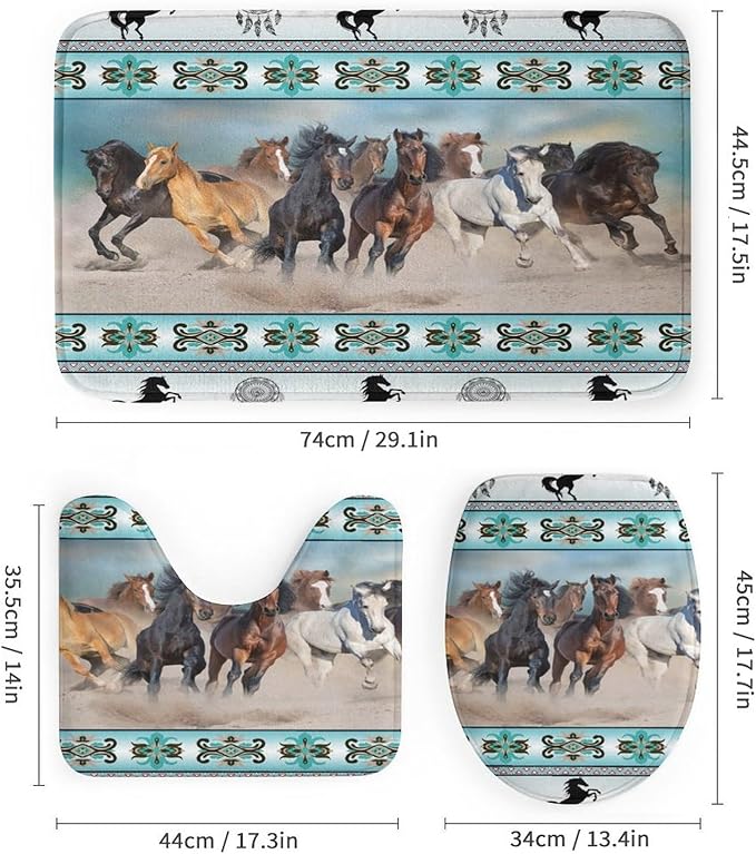 Native Americans Horse 4 Pcs Waterproof Shower Curtain Set,Abstract Tribal Farmhouse Aztec Dream Catcher Horse with Waterproof Toilet Cover Shower Mat Rugs