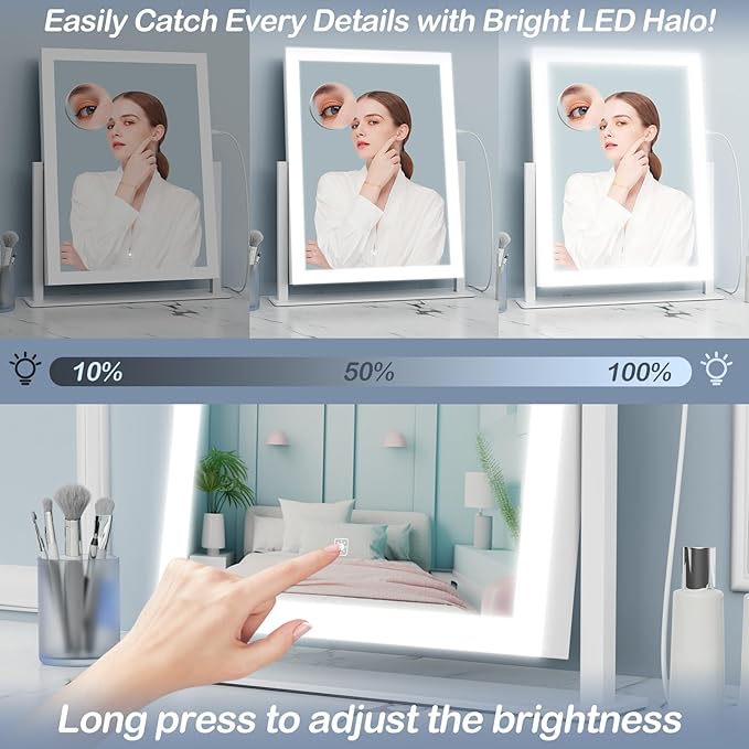 Gvnkvn Lighted Makeup Mirror, Hollywood Vanity Mirror with Lights, Three Color Modes，Detachable 10X Magnification Mirror, Smart Touch Control, 360°Rotation (15.2in)