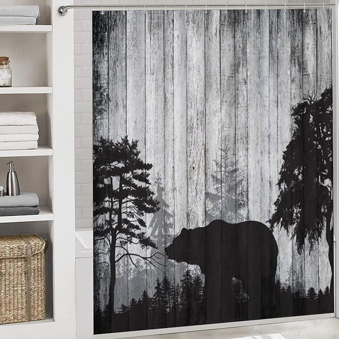 Rustic Black Bear 4 Piece Shower Curtain Sets, Non-Slip Rugs, Toilet Lid Cover and Bath Mat, Durable and Waterproof, for Bathroom Decor Set One Size