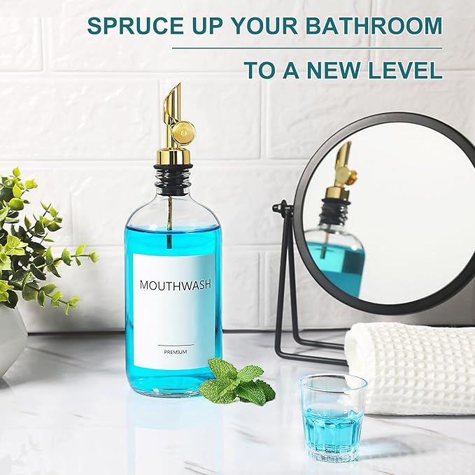 Mouthwash Dispenser for Bathroom, Glass Mouthwash Dispenser with Cup, Mouth Wash Container Bottle with Cup, Refillable Mouthwash Decanter, Clear, 1 Pack, 17oz