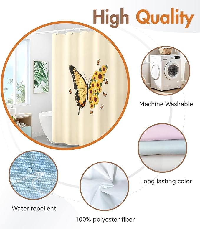 MAMUSE Shower Curtain for Bathroom - Cute Aesthetic Decorative Modern Girly Unique Girls Design Pretty Women Waterproof Fabric Cloth Cortinas de Baño Bathtub 72 x 72 Inch, Sunflower Butterfly