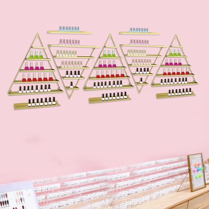 10 Pcs Nail Polish Organizer Rack Wall-Mounted Acrylic Nail Polish Rack - 5 Multi-Tier Triangular Racks and 5 Horizontal Bars for Home, Cosmetics Stores and Beauty Shops (Gold)