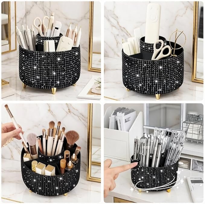 Bling Makeup Brush Holder,360° Rotating Makeup Brush Organizer,5 Slot Make up Brushes Cup for Cosmetics,Large Capacity,For Nail Polish, Art Supply, Bathroom Vanity,Cosmetics Organizer,Diamond Black