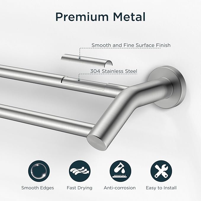 FORIOUS Double Towel Bar 30", Heavy Duty SUS304 Stainless Steel Dual Towel Racks for Bathroom Wall Mount, Space Saving Towel Rod Towel Holder Rail, Brushed Nickel