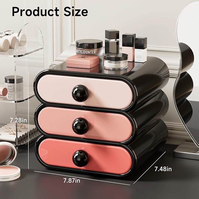 3-Drawer Desktop Organizer, Compact Vanity Drawer Organizer for Makeup, Small Plastic Drawer Containers for Bathroom, Cabinet