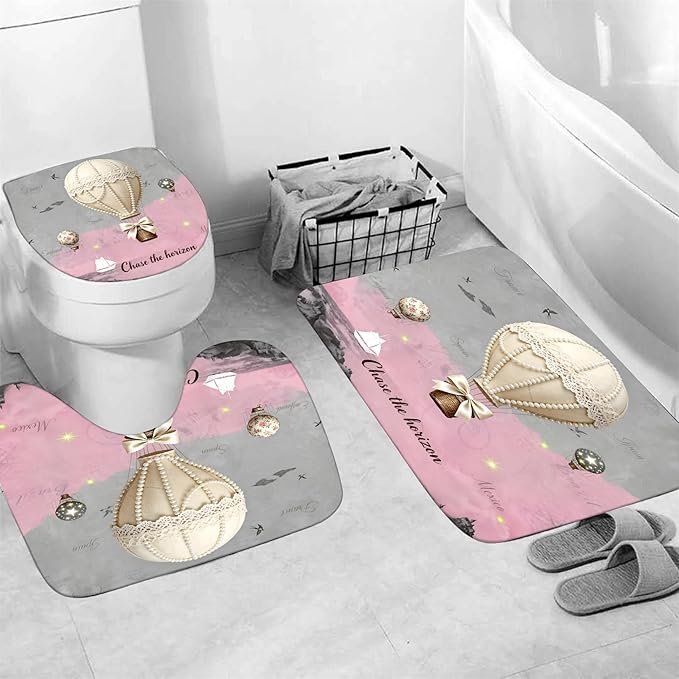 jieprom 4 Piece Pink and Grey Shower Curtain Set with Rugs, Vintage Pearl & Lace Hot Air Balloon Art, Romantic Travel Aesthetic Bathroom Decor, Non-Slip Mats & Toilet Lid Cover, Waterproof Fabric