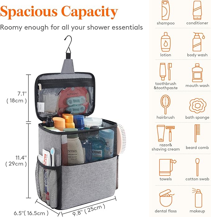 Lifewit Shower Bag Mesh Shower Caddy Portable College Dorm Room Essentials Tote Bag for Bathroom, Gym, Travel, Camping Quick Dry Hanging Shower Organizer Basket Toiletry Bag, Large, Grey