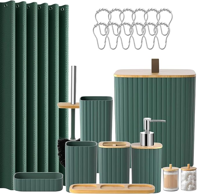 Bathroom Set - 22PCS Green Bathroom Accessories Set Trash Can Toilet Brush Holder Set Soap Dispenser Bathroom Accessory Set with Shower Curtain Bathroom Decor Set for Home, Restroom
