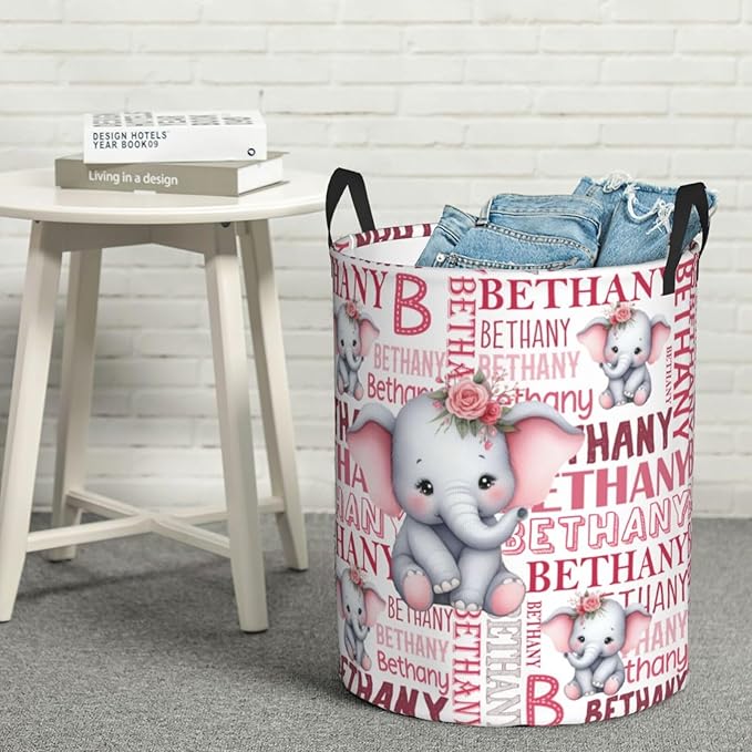 ZOE DAVISON Custom Elephant Laundry Baskets, Personalized Elephant Print Gifts with Customized Name, Collapsible Laundry Hamper for Kids Adults Home Decoration,16.5 X 13.8in