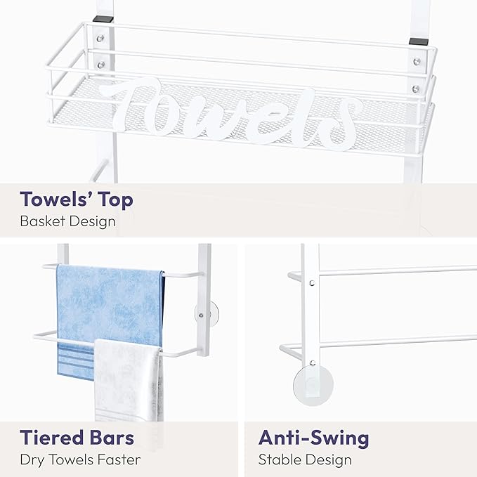 SWTYMIKI SWTYMIKI Over The Door Towel Racks for Bathroom - 5-Tier Wall Mounted Bathroom Towel Storage Organizer Holder with Metal Shelf (3 Tier-White)