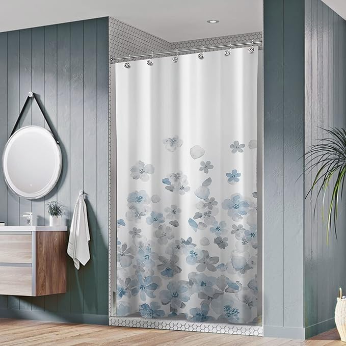 Sunlit Design 36 x 72 Inches Blue and Gray Small Stall Shower Curtains RV Half Size Narrow Bathroom Curtains Simple Style Flower Blossoms Bathroom Decor with White Background