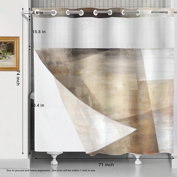 Shrahala Brown Abstract Art No Hooks Shower Curtain with Snap in Liner Set, Beige Painting Bathroom Décor Polyester Fiber Waterproof for Stall Bathtubs 71 X 74 in
