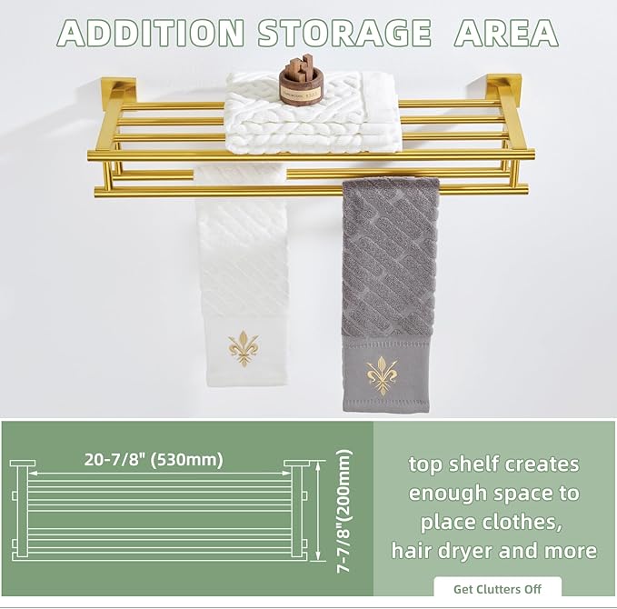 Angle Simple Towel Rack with Holder for Bathroom, SUS 304 Stainless Steel Wall Bath Towel Shelf with Double Bar, Brushed Dark Gold, 23.62 Inches