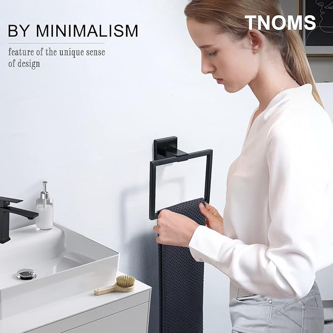 TNOMS Black Towel Ring Modern Square Hand Towel Bar,Towel Holder for Bathroom,Wall Mount Stainless Steel