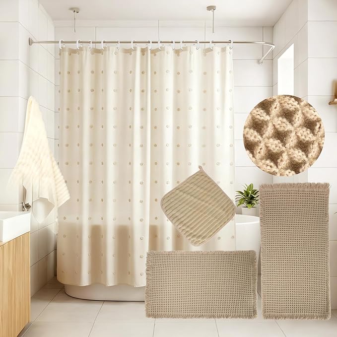 5 Pcs Boho Farmhouse Bathroom Shower Curtain Set Non Slip Waterproof Neutral Shower Curtain with Towel Cream, Waffle Bath Mat 12 Hooks for Bathroom Decoration, 71 x 71 Inch