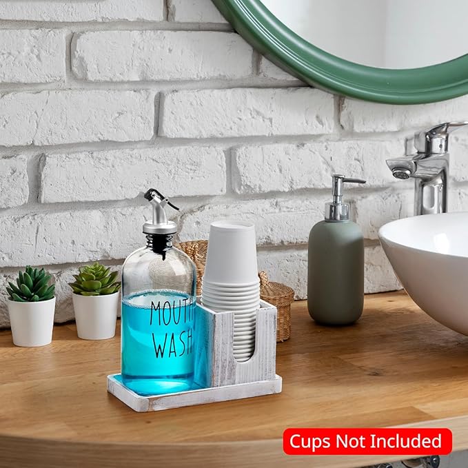 Glass Mouthwash Dispenser for Bathroom, 16 OZ Mouthwash Dispenser with Pour Spout and White Washed Wood Cup Holder and Tray, Mouth Wash Bottle Container, Rustic Kitchen Bathroom Decor and Accessories
