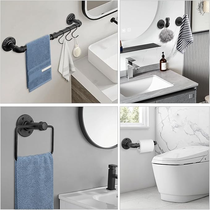 5-Pieces Industrial Pipe Bathroom Accessories Hardware Kit DIY Wall Mounted Includes Towel Bar Robe Hooks Toilet Paper Holder and Towel Ring (Black, 18 Inch)