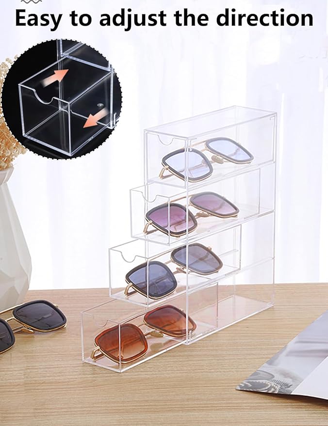 Stackable Organizer for Glasses, Sunglasses, Reading Glasses, 4 Drawers, Clear Acrylic Makeup Organizer for Cosmetic Storage and Organization