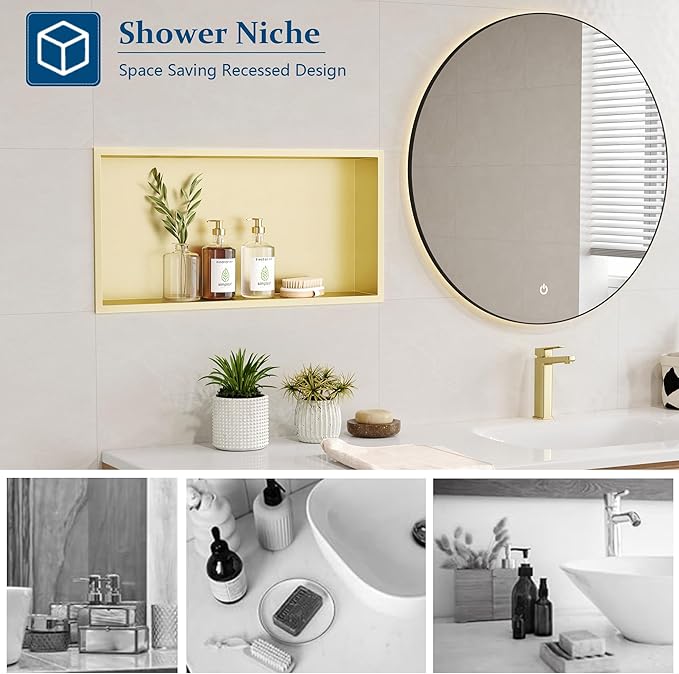 Neodrain Shower Niche, Insert Bathroom Storage Shower Shelf, Stainless Steel Recessed Wall Niche No Tiled Recessed Cabinet Waterproof for Shower Storage(Gold,24"x12")