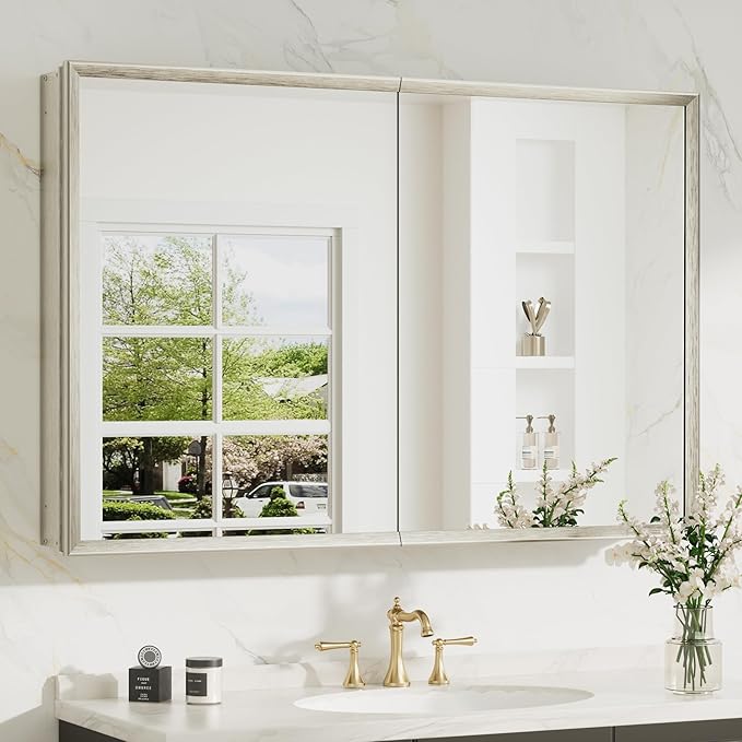 TokeShimi 40 x 26 Brushed Nickel Recessed Medicine Cabinet with Mirror, Assembly Required, Bathroom Medicine Cabinet with Mirror, Stepless Adjustable Shelves, Beveled Aluminum Frame, DTC Hinge