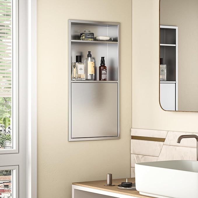 Recessed Medicine Cabinet with Door 24" X 12" Brushed Wall Medicine Cabinets with 3-Tier Shelf 304 Stainless Steel Niche Shower for Bathroom Storage