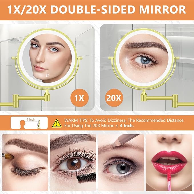 Auxmir 8'' Wall Mounted Lighted Makeup Mirror, 3200mAh Rechargeable Double-Sided 1X/20X Magnifying Mirror with Light, Touch Dimmable 3 Color Light, 360° Rotation Foldable Extended Arm, Gold