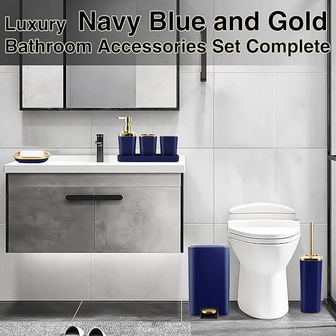 XLHOMO Navy Blue Bathroom Accessories Set 8 Piece Navy Blue and Gold Bathroom Set, Bathroom Sets with Stainless Steel Trash Can,Toilet Brush,Toothbrush Set,Soap Dispenser