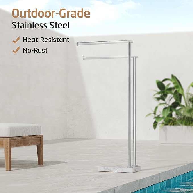 No Wobble Free Standing Towel Racks with 3X Thick Natural Marble Weighted Base, KES 2-Tier Towel Rack Stand for Bathroom Floor, Upgraded Steady Design, 18/8 Stainless Steel, Brushed Finish, BTH235A-2