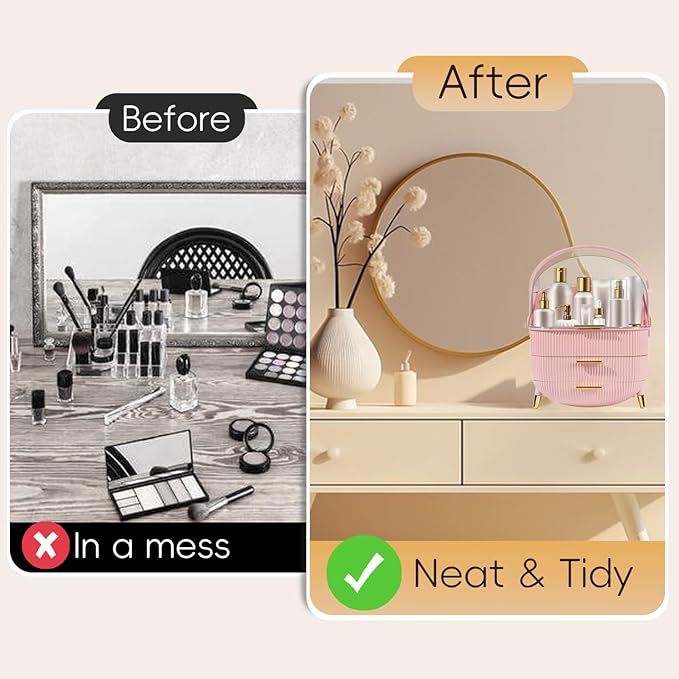 Makeup Organizer for Vanity Cosmetics Skincare Organizers with Lid and Drawers Display Cases for Countertop (Pink) | for Vanity, Organizers, with Lid, and Drawers, for Countertop