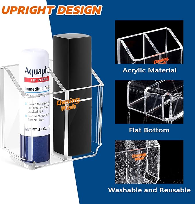 Design Wish Acrylic Chapstick Holder for Car & Home Storage - Upright Lip Balm Holder for Lipstick, Lip Gloss & Toothbrush (Set of 2)