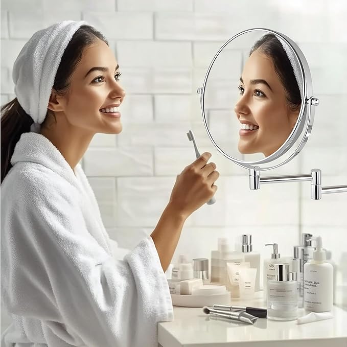 JANEEVA 8" Wall Mounted Makeup Mirror, 10X Magnifying Mirror with 360 Extendable Arm - Double Sided Vanity Mirror for Bathroom (Chrome)