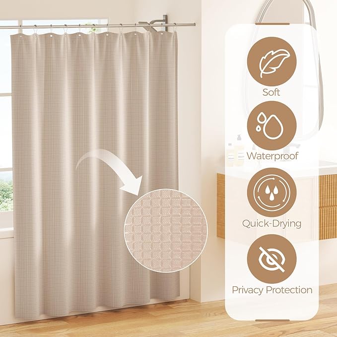 Bathroom Accessories Set - Beige Bathroom Set with Shower Curtain and Rugs, Trash Can, Toilet Brush with Holder, Soap Dispenser, Toothbrush and Toothpaste Holder, Cup, Soap Dish, Qtip Holders, Hooks