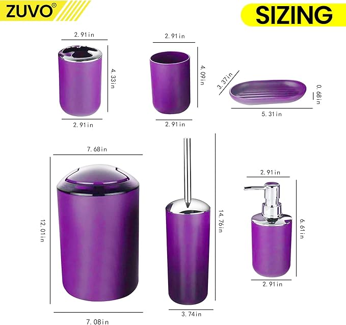 Bathroom Accessories Set 6 Piece -(Trashcan, Soap Dispenser, Toothbrush Holder, Soap Dish,Toilet Brush) for Decorative Countertop and Housewarming Gift (Purple)