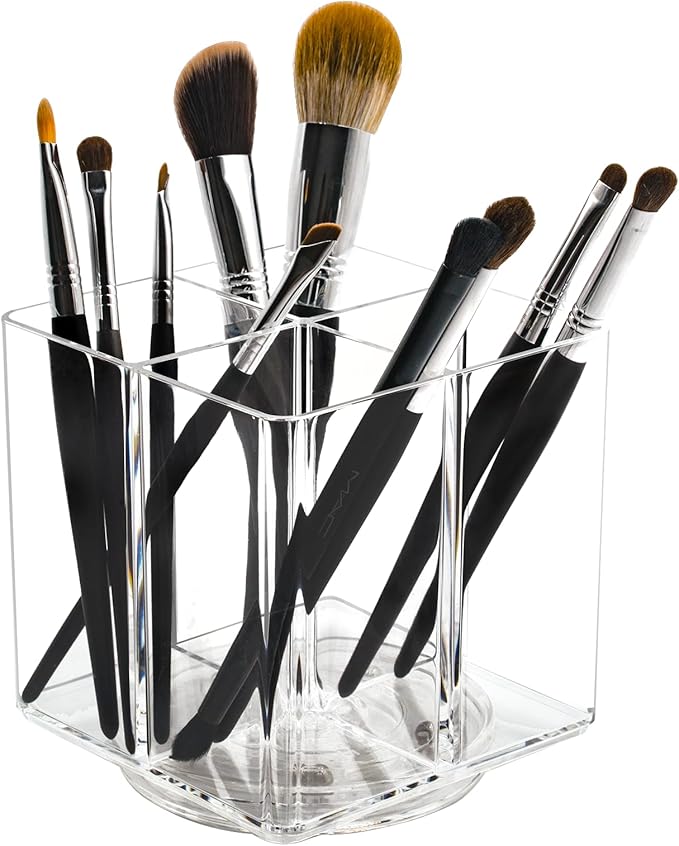 Clear Makeup Brush Holder,Acrylic Rotating 360??Makeup Brush Organizer,Pen holder with 4 Grids,Makeup Holder for Courtup,Containers for Desk,1pc
