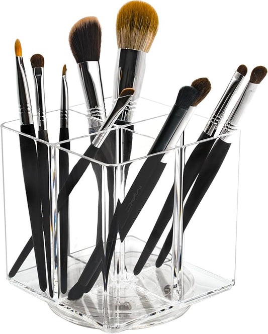 Clear Makeup Brush Holder,Acrylic Rotating 360??Makeup Brush Organizer,Pen holder with 4 Grids,Makeup Holder for Courtup,Containers for Desk,1pc