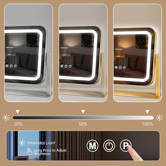 Ratsamee Gold Vanity Mirror with Lights 14"×12", Led Makeup Mirror, Lighted Makeup Mirror with 3 Color Dimmable Lights, Smart Touch Screen Control, 360°Rotation