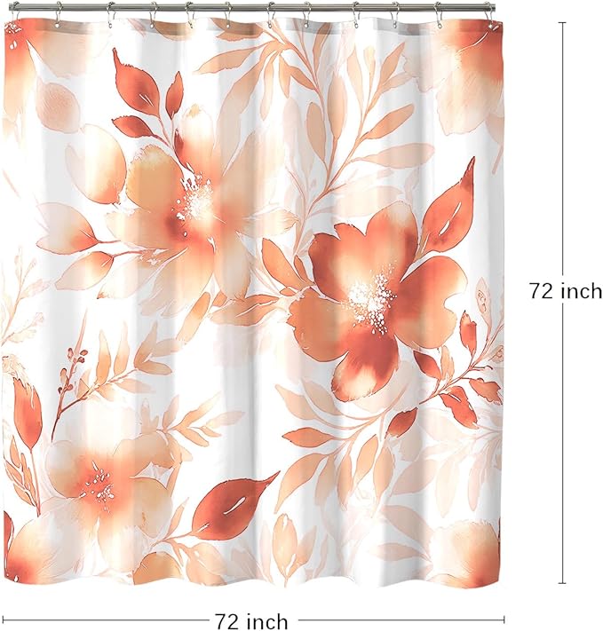 Floral Shower Curtain, Orange Watercolor Flower Shower Curtains for Bathroom, Modern Minimalist Waterproof Fabric Bath Decoration 72x72 Inch