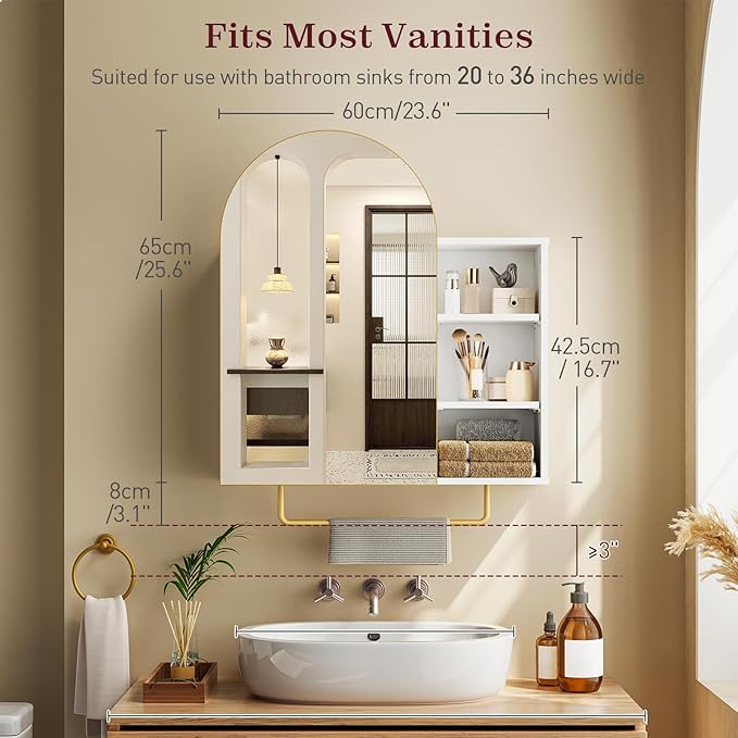 RALGEND Bathroom Arched Medicine Cabinet with Mirror, Modern Bathroom Wall Mounted Mirrored Cabinet with Adjustable Shelves and Storage, White and Gold