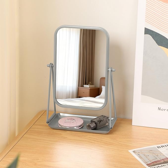 Small Desk Mirror with Storage Tray Silver Iron Frame Standing Mirrors for Desk Countertop Makeup Mirror with 360 Degree Swivel Portable Vanity Mirror for Living Room Bedroom Bathroom