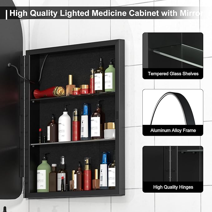 20x31 Inch Arched Medicine Cabinet with LED Mirror - Black Recessed Bathroom Storage, Dimmable Anti-Fog Lighted Mirror Cabinet, Black Arched Medicine Cabinet,Adjustable Shelves