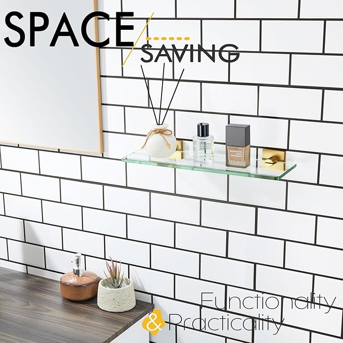 KOKOSIRI Floating Wall Shelf 16-Inch Bathroom Tempered Glass Shelves Shower Hanging Rack for Kitchen Storage Home Decor, Gold Stainless Steel B1107BG-L16