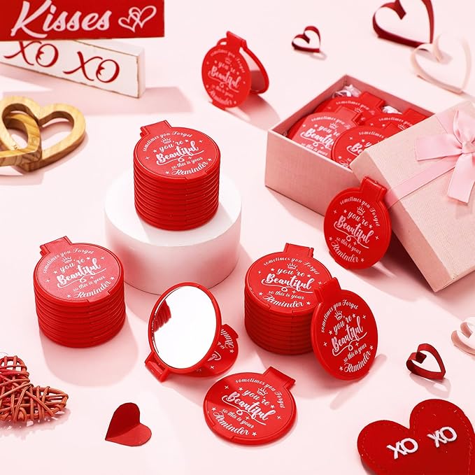 100 Pcs 2.76 Inch Inspirational Compact Mirror Bulk Women Small Gifts Graduation Party Favors Purse Mirror Pocket Mini Stuffer Items for Adult Coworker Cheerleader Employee (Red)