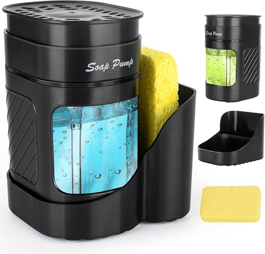Kitchen Dish Soap Dispenser with Sponge Holder, 3-in-1 Countertop Dishwashing Soap Pump Dispenser Set for Kitchen Sink, Useful Kitchen Gadgets - Black